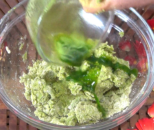 Add remaining spinach juice, mix well, knead it , make it soft dough