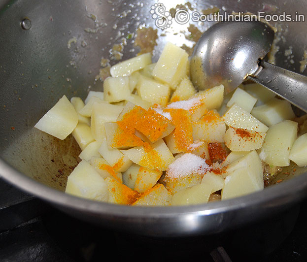 Add Boiled potato, turmeric, red chilli powder & salt saute well