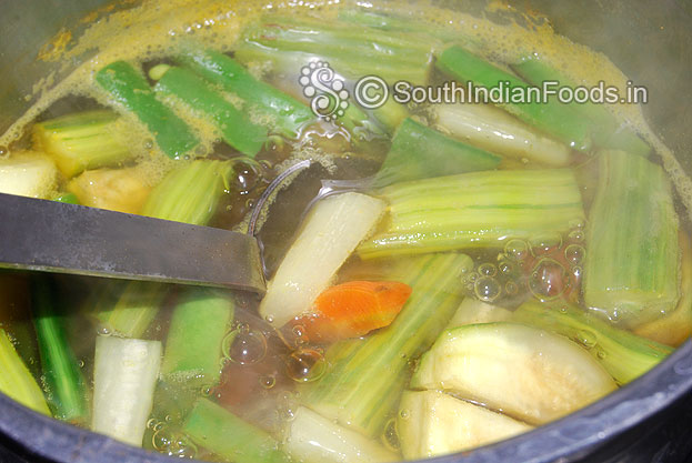 Boil vegetables[Eggplant, drumstick, carrot, beans, potato, raddish]