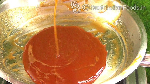 Pour jaggery syrup cook till thickens