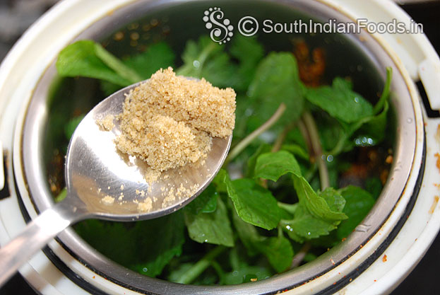 Add mint, coriander leaves ,green chilli , salt & brown sugar
