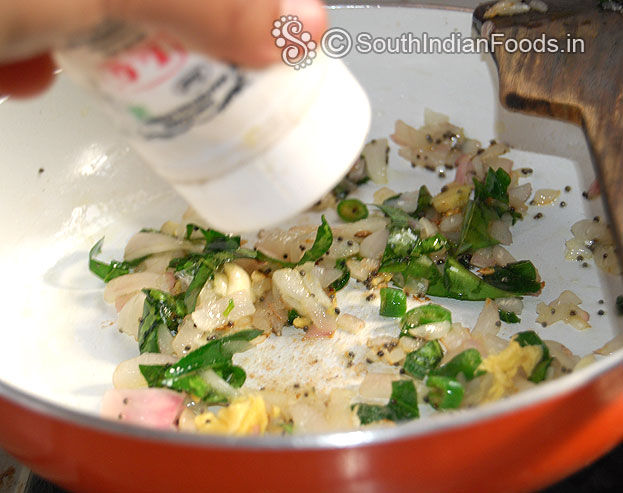Heat oil, add mustard, onion, ginger, garlic, curry leaves, green chilli & asafetida