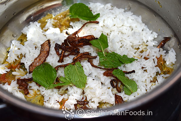 Addd jeera rice, fried onion ,mint leaves