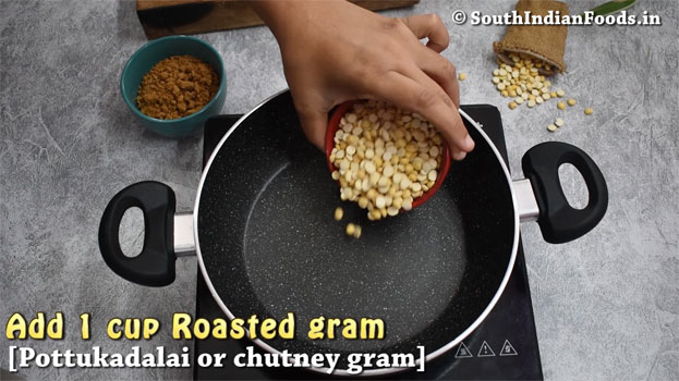 Pottukadalai laddu ingredients- Roasted gram, sugar, cashew nuts, raisins & cardamom