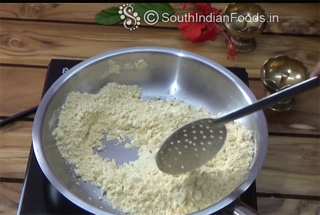 Heat pan add gram flour saute till you get nice aroma