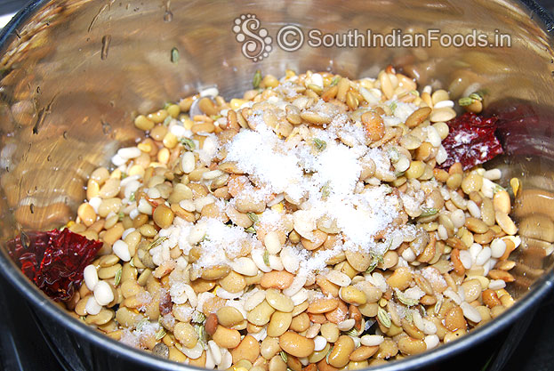 In a mixer jar add green gram, corn, cow peas, salt, dry red chilli, fennel seeds & asafetida
