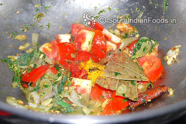 Add tomato, turmeric and red chilli powder mix well, cook till soft