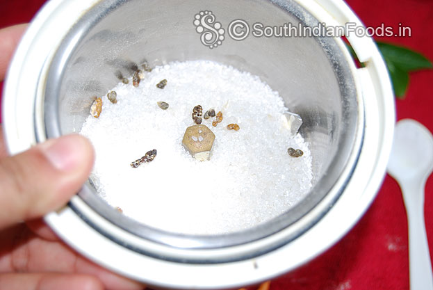 In a mixer jar add sugar, cardamom seeds grind to smooth powder