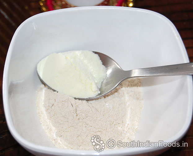 In a bowl add wheat flour, milk powder