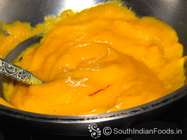 Heat pan, add mango puree