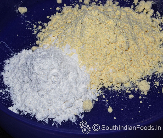 In a bowl, add gram flour & rice flour