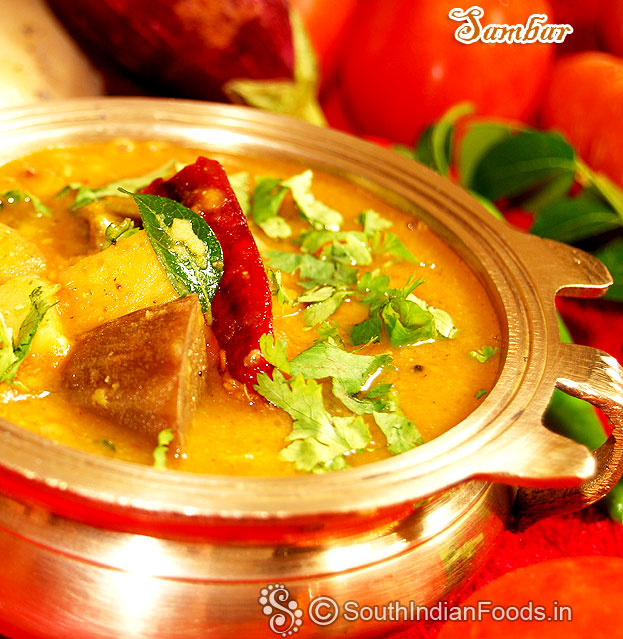 Sambar with Brinjal, potato, drumstick, carrot & broad beans