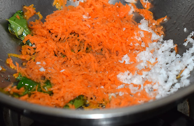Add green chilli, carrot, & grated coconut