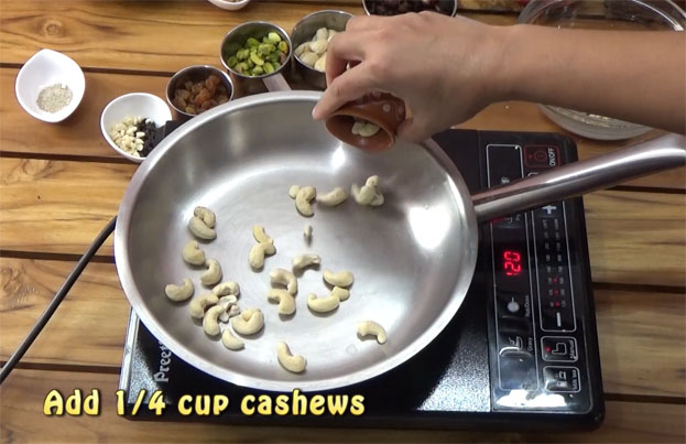 Add cashews, roast