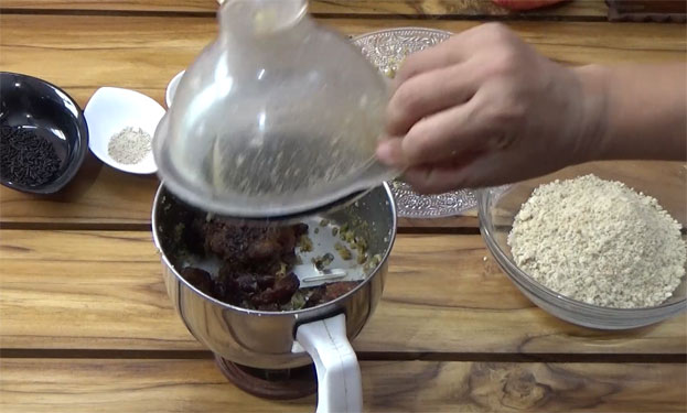 Add sauted dates in a mixie jar, finely grind