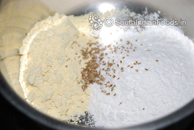 In a bowl add omam, rice flour, gram flour mix well