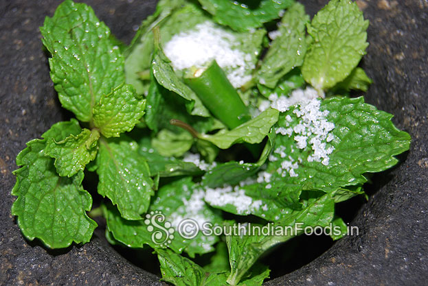 For green chutney:- Add mint, salt, green chilli in stone mortar grind well