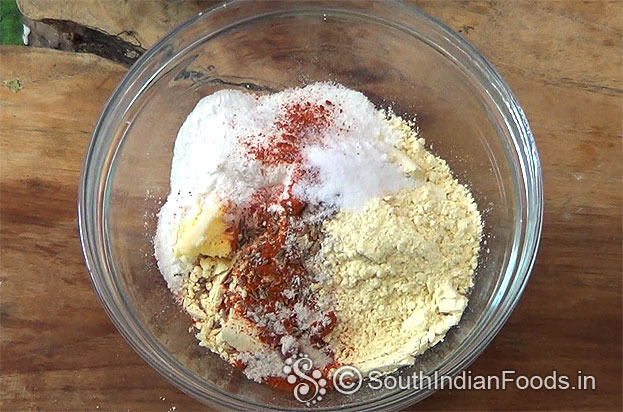 Add rice flour, cumin seeds, red chilli powder, asafetida, salt & butter