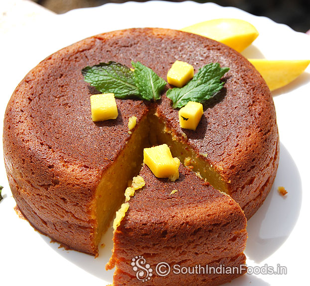 Simple, moist and spongy aam cake without egg