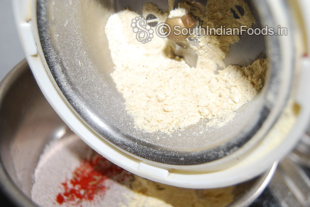 Add roasted gram,  peppercorns in a mixer jar & finely In a bowl add ragi flour, rice flour, gram flour, roasted gram flour & red chilli powder