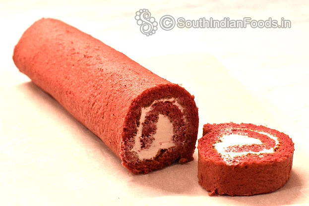 Red velvet swiss roll cake step 29