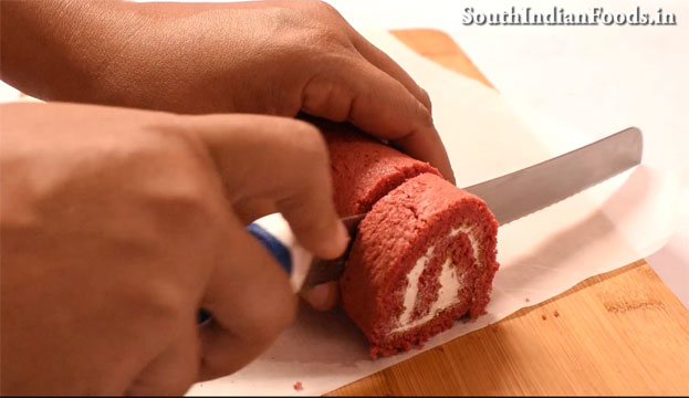 Red velvet swiss roll cake step 30