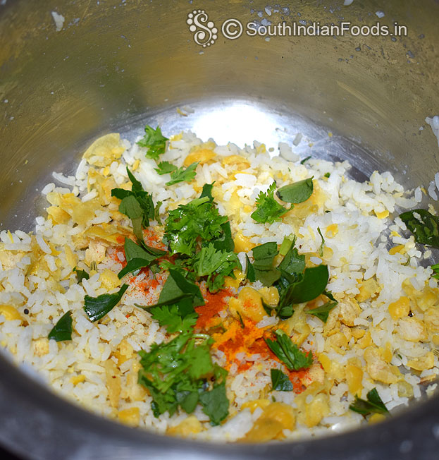 Add coriander & curry leaves, mix well