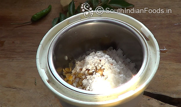 In a mixer jar add soaked toor dal, rice, coconut