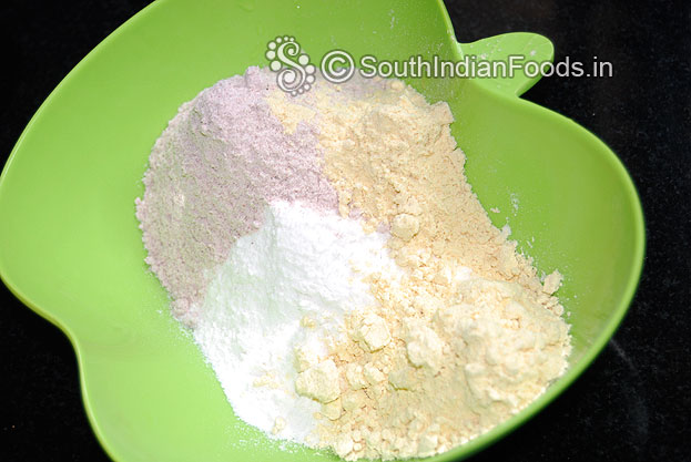 In a bowl add red rice flour, rice flour, gram flour & pottukadalai maavu