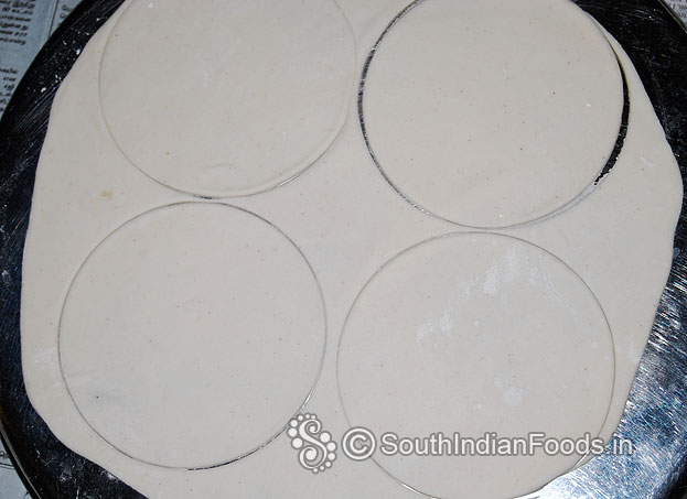 Sprinkle flour, place dough on large plate then roll out in to thin large chapati & cut into small circles.