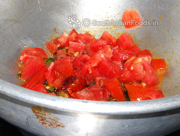 Add tomato, turmeric, red chilli powder saute till soft