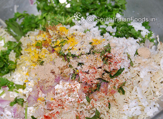 Add garlic, coriander, curry leaves, coconut, salt & masala powder mix well