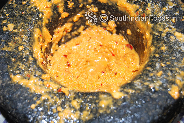 Add roasted ingredients in a stone mortar & grind to fine paste.