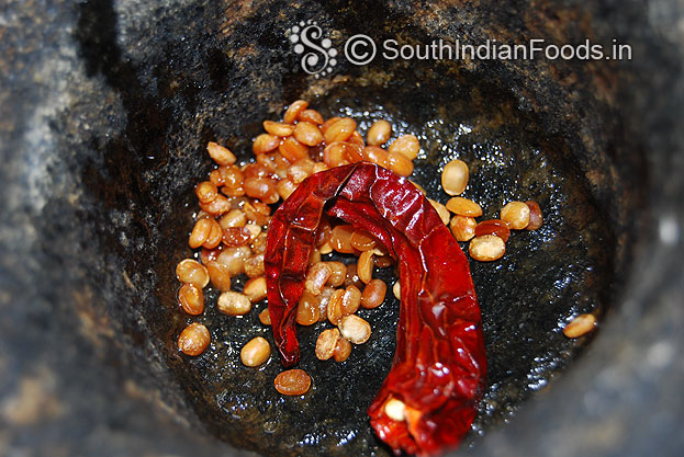 Heat oil in a pan roast dry red chilli & urad dal then place it in a stone mortar
