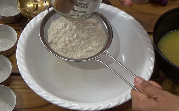 For dry ingredients:-Seive wheat flour without lumps